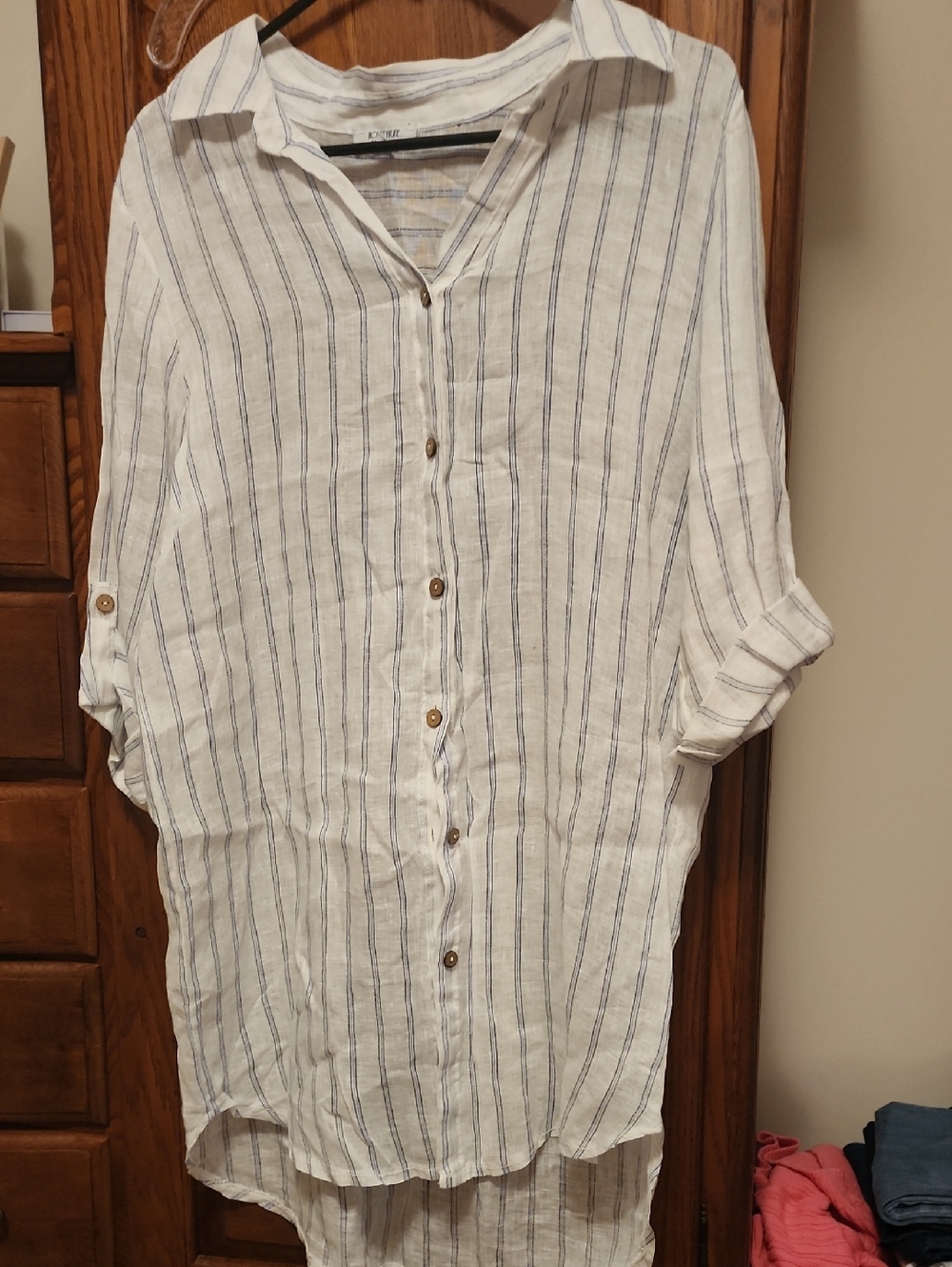 Striped Button-Down Linen Tunic - White with Blue Stripes